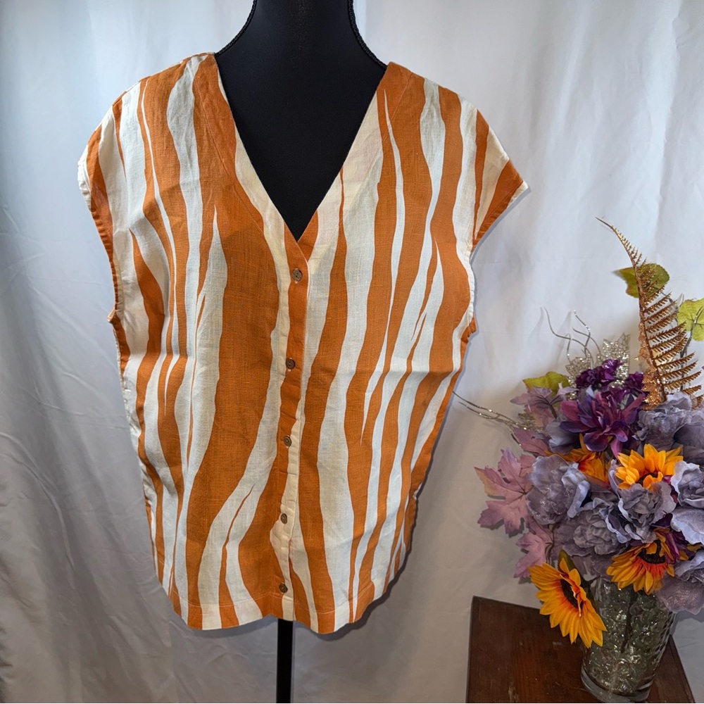 Rachel Zoe Linen Stripe Sleeveless Button Front Blouse Size L